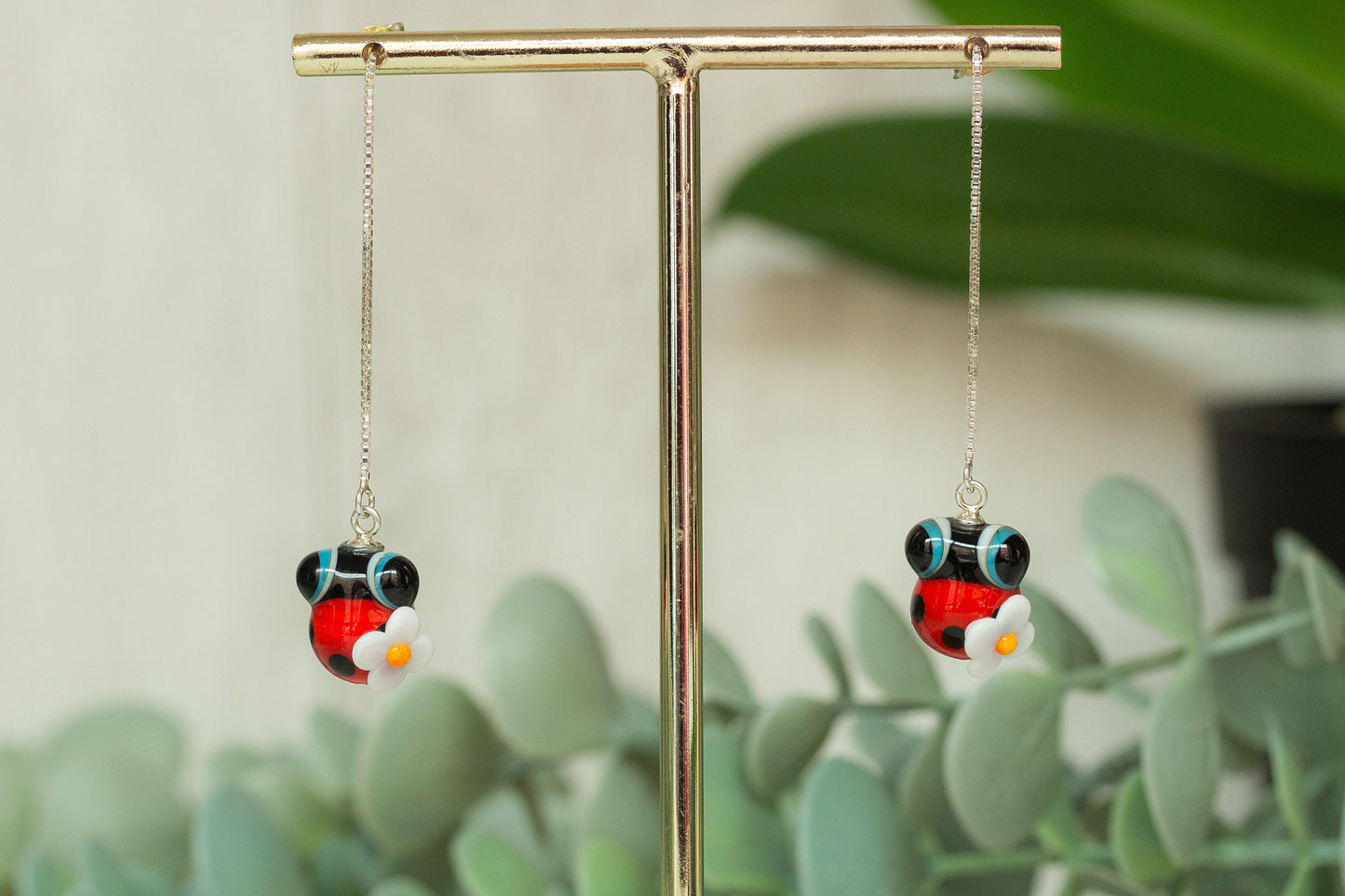 Pendientes cadena plata de mariquita