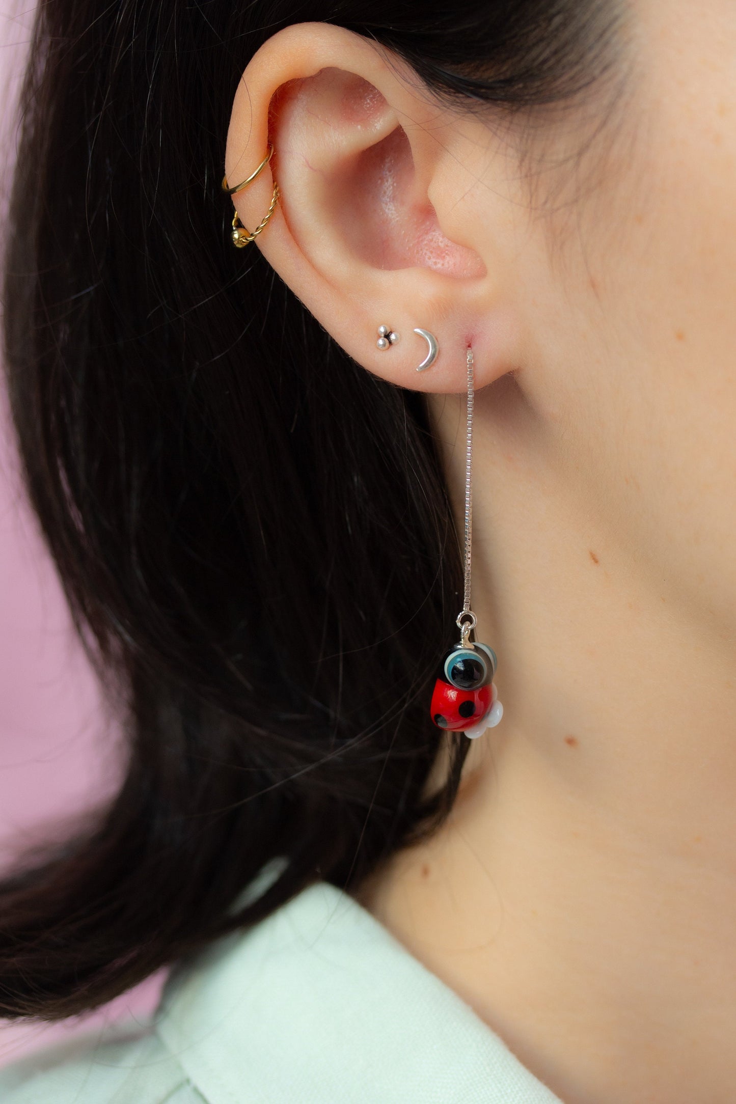 Pendientes cadena plata de mariquita