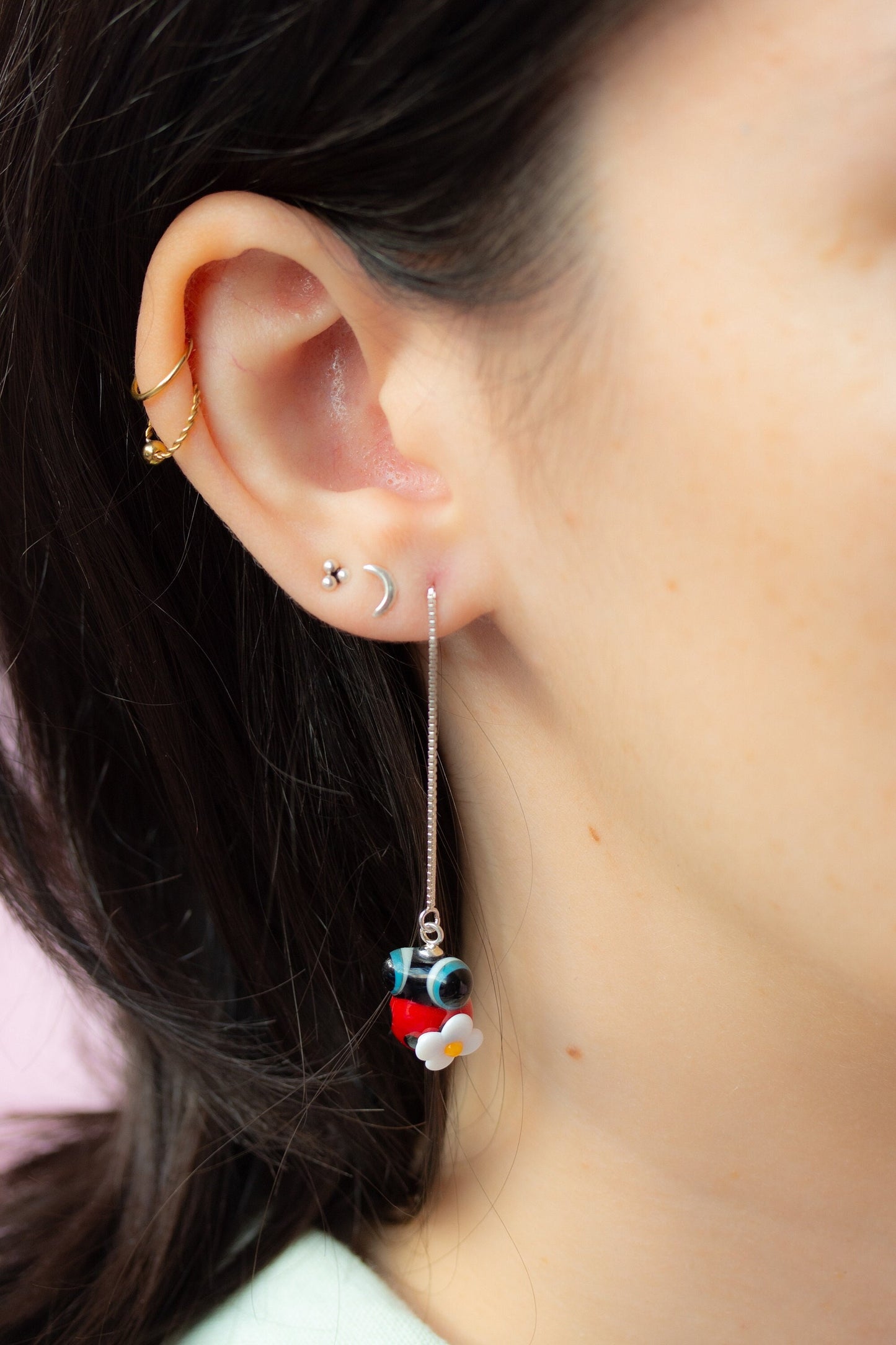 Pendientes cadena plata de mariquita